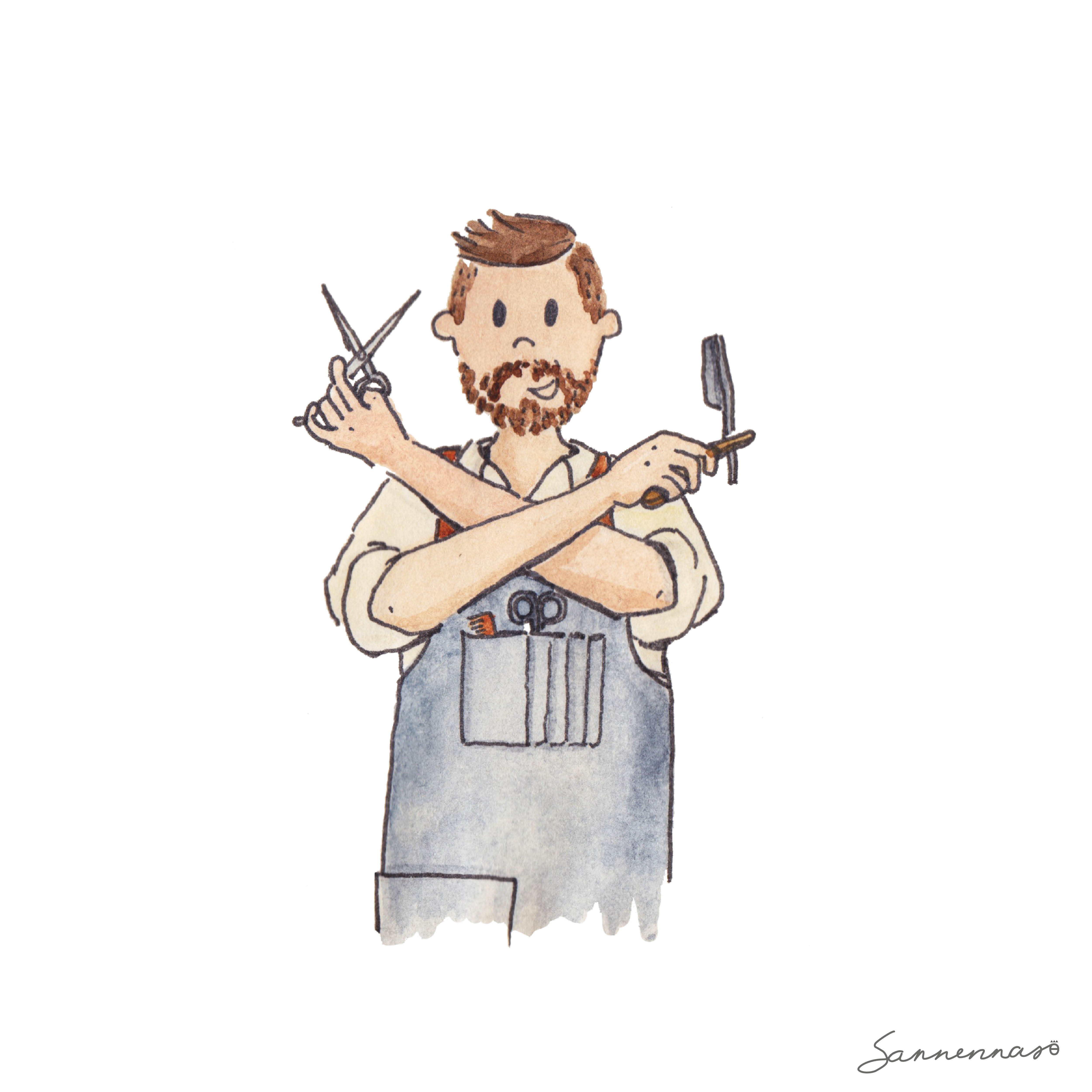 illustratie portret gemaakt voor Barbier Nick Debeck, met al zijn wapens in aanslag :)